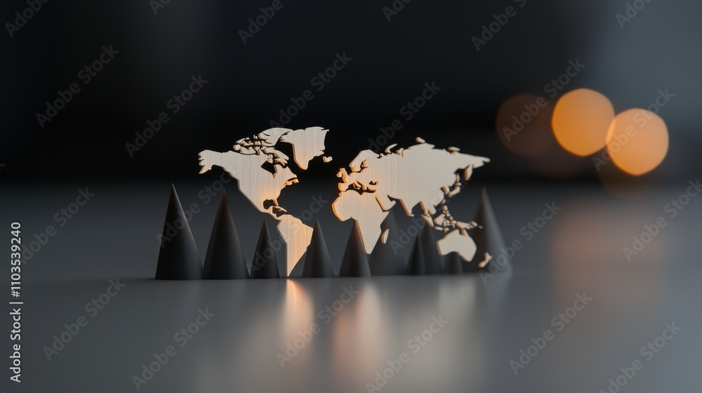 Poster 3D rendering of a world map in the shape of a pyramid. The map is made up of multiple black triangles arranged in a triangular formation, with the continents and oceans clearly visible.