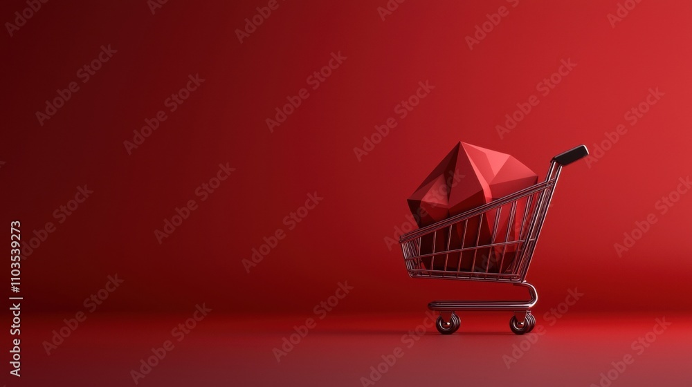 Aufkleber 3d rendering of a shopping cart with a red background. the cart is made of metal and has a black han