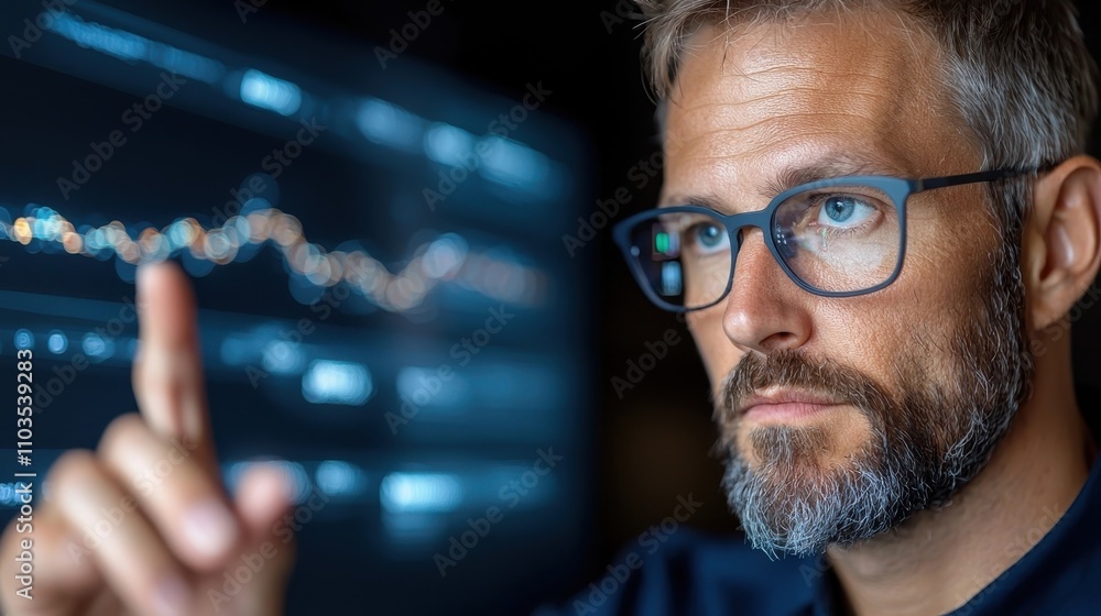 Poster close up of a bearded professional businessman analyzing market trends and financial data on a compu