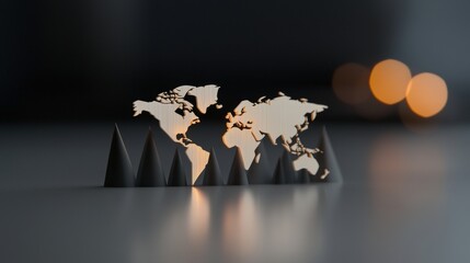 3D rendering of a world map in the shape of a pyramid. The map is made up of multiple black triangles arranged in a triangular formation, with the continents and oceans clearly visible.