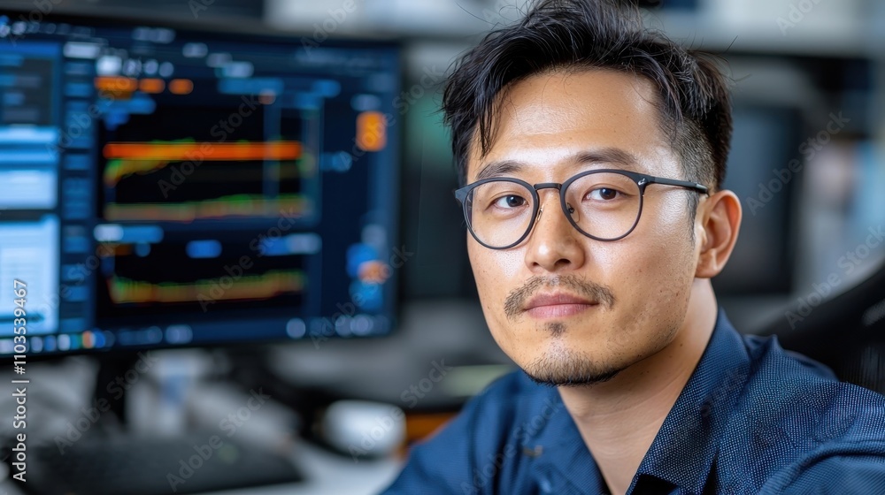 Poster focused businessman analyzing financial data on multiple computer screens in corporate office enviro