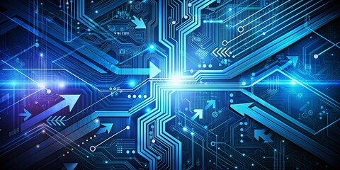 Fototapeta premium Dynamic Arrow Circuit Design on a Blue Background with Ample Copy Space for Urban Exploration Photography Projects