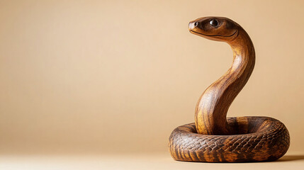 Fototapeta premium Intricately carved wooden snake sculpture coiled elegantly, set against a neutral beige background with copy space, ideal for artistic or design themes.