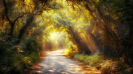Obraz premium Pathway surrounded by trees and bushes, with sunlight filtering through the forest.