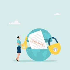 The character opened the globe with a key to see confidential information. Flat vector illustration.