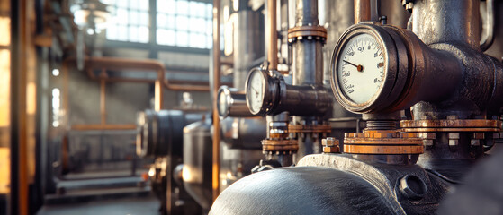 Close-up of a detailed industrial pressure vessel showcasing sleek pipes and pressure gauges in a modern facility