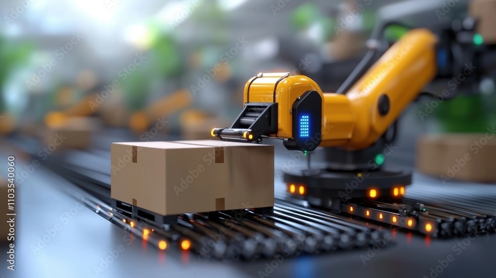 Poster robotic arm moving a cardboard box on an industrial conveyor belt in a modern automated factory sett