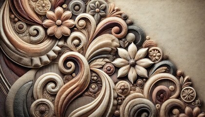 The surface of an artistic carpet with geometric and organic patterns in muted colors.