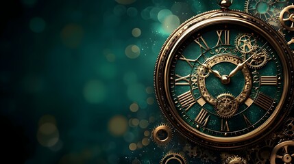 A clock with roman numerals on a green background