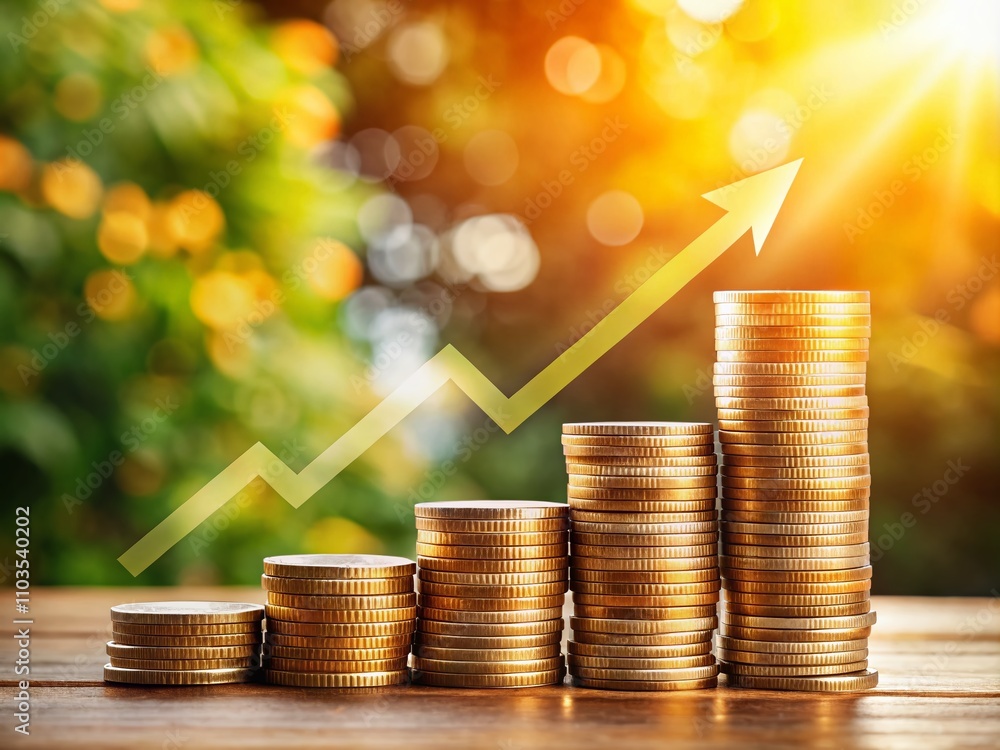 Poster dynamic composition of coins and arrow symbolizing financial growth and investment opportunities wit