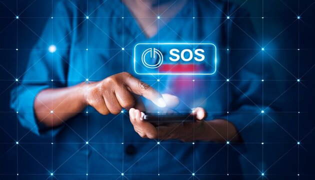 Emergency signal requesting help call concept. Human hand touching icon SOS emergency app on mobile phone and call for help. Emergency application from smartphone for elderly, 24 hour support line.