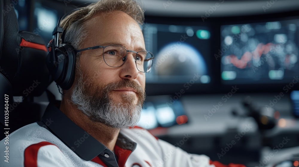 Poster portrait of a focused bearded man wearing headphones and working intently on a computer in a modern 