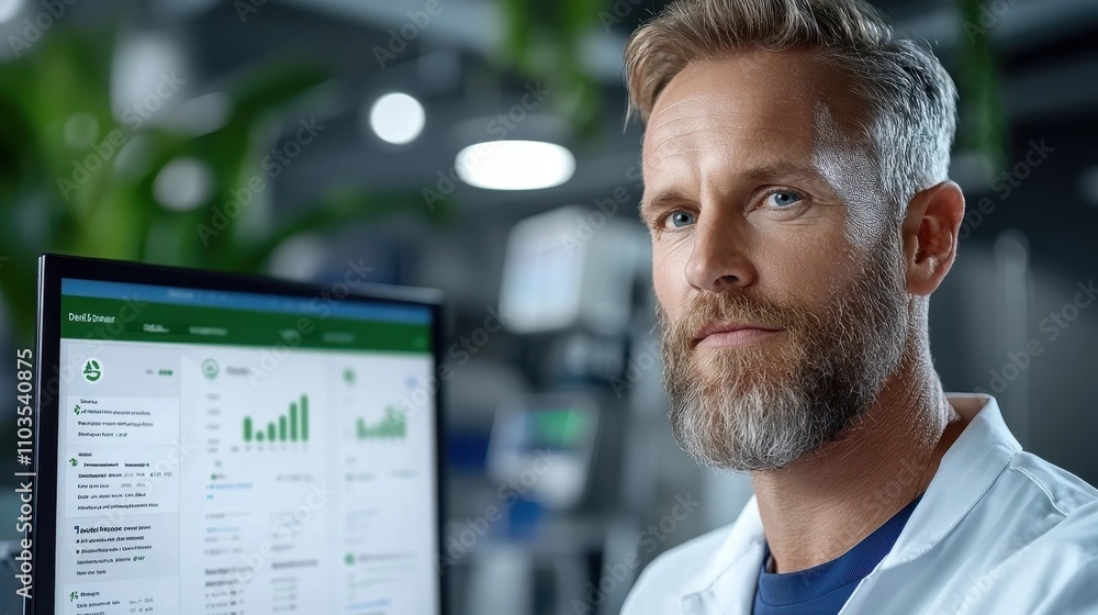 Poster serious bearded professional closely examining data analytics and graphs on laptop computer in offic