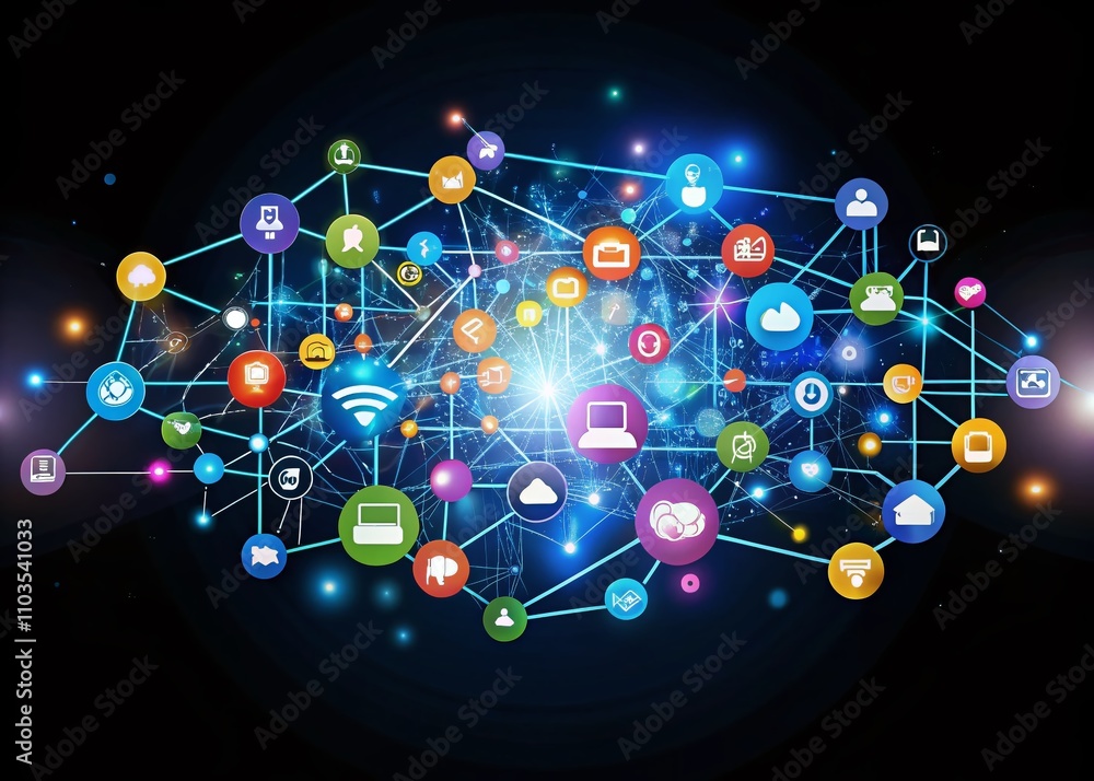 Poster dynamic media interface with arrows indicating direction on a dark background, representing digital 