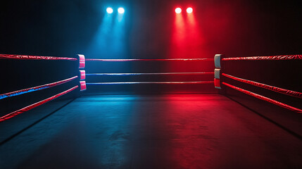 A dramatic boxing ring illuminated by red and blue neon lights with a smoky dark background, evoking energy, competition, and sportsmanship.