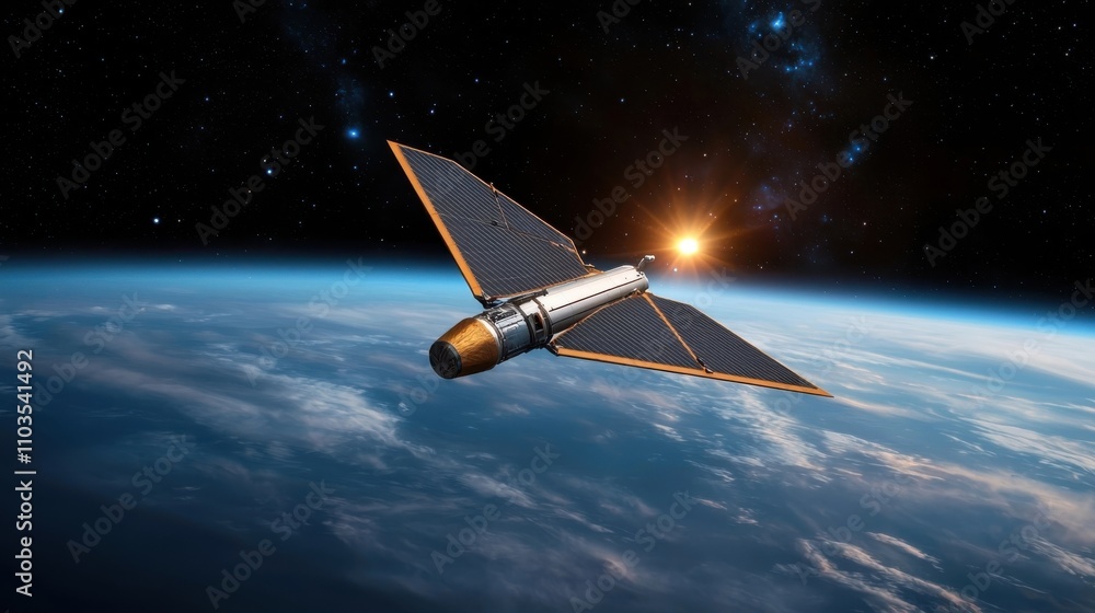 Poster futuristic spacecraft soaring through the dark expanse of space with the curvature of planet earth v