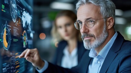Two professionals examining data and analytics on a large digital dashboard in a modern high tech corporate office setting  The dashboard displays various charts graphs and statistical information
