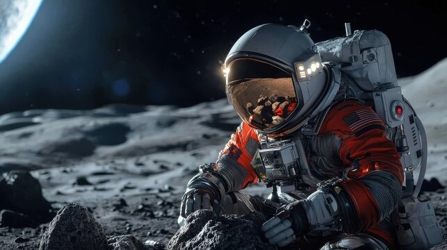 Heroic astronaut in a high tech space suit exploring the rugged and cratered lunar surface during a challenging and daring space mission to the moon - Powered by Adobe