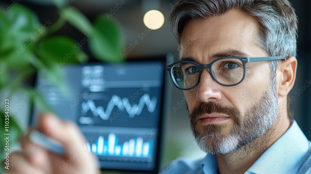 Poster mature bearded businessman in glasses analyzing fintech data analytics and statistics on a digital d