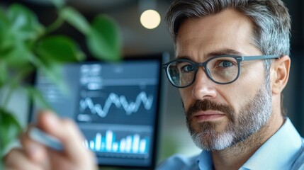 Fototapeta premium Mature bearded businessman in glasses analyzing fintech data analytics and statistics on a digital display in a modern office environment
