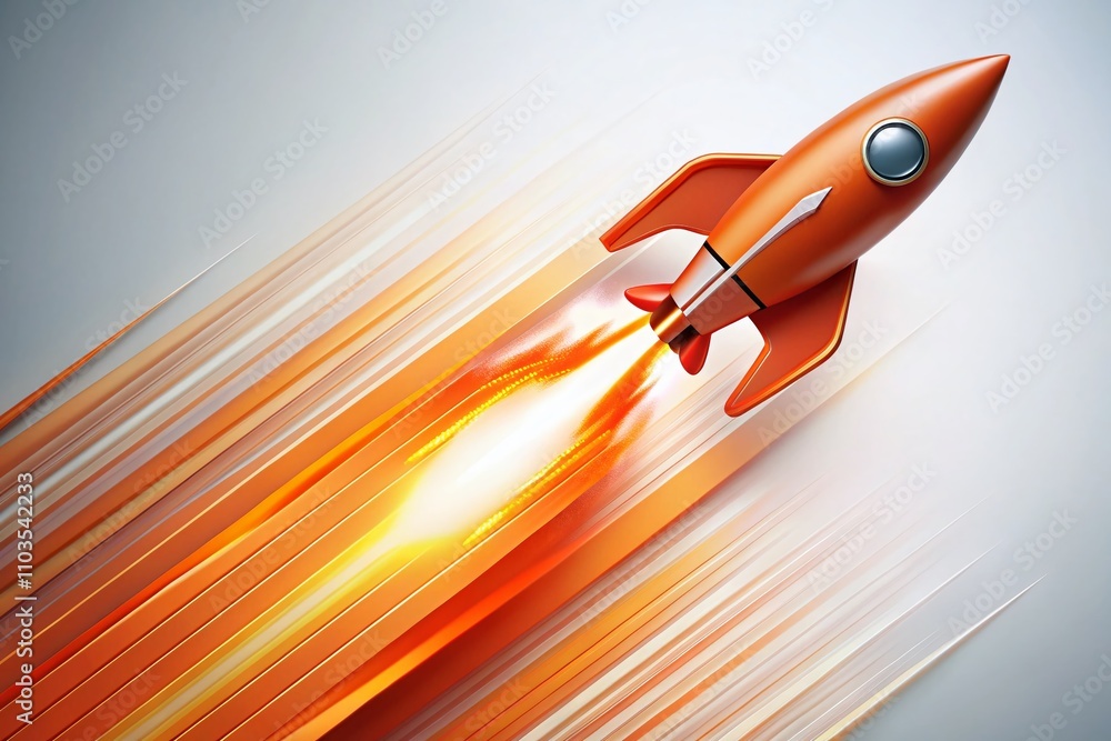 Poster dynamic startup launch: an orange rocket ascending against a crisp white background with ample copy 