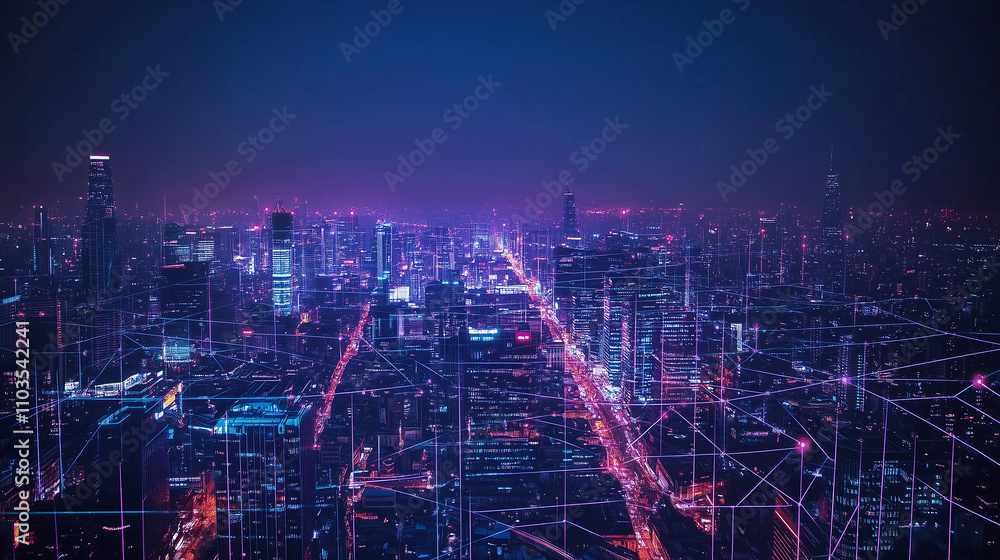 Poster smart city at night highlighting vibrant application development and the internet of things in a gra