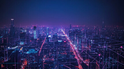 Fototapeta premium Smart City at Night highlighting vibrant application development and the Internet of Things in a gradient grid backdrop