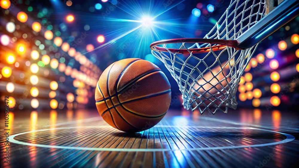 Poster dynamic tilt-shift photography of a basketball passing through a low poly wireframe basket with geom
