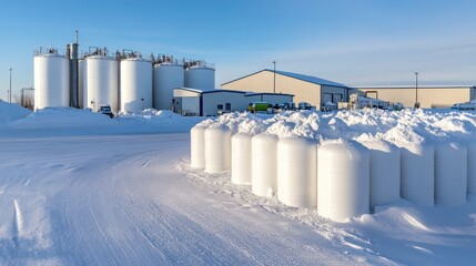 Obraz premium Large white plastic and steel containers fill a sunny industrial yard in winter, showcasing an organized storage of chemical products.