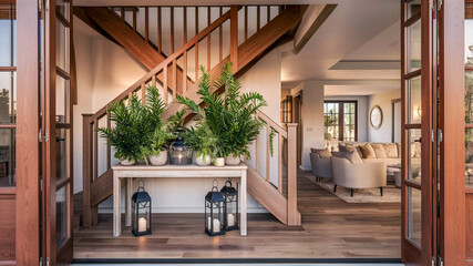 Obraz premium Stylish living room featuring neutral tones soft textures and sleek furniture for contemporary charm.