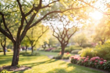 Naklejka premium Sunlit Garden Landscape A Dreamy Blur of Trees, Blossoms, and Soft Green Grass