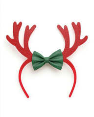Festive red glitter headband with a green bow and antlers