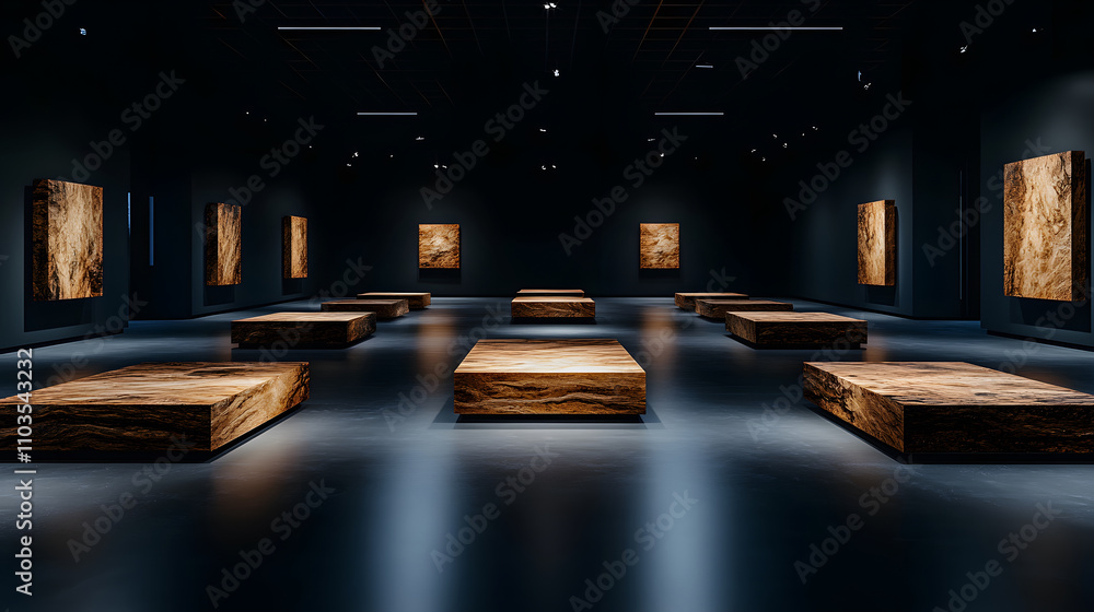 Poster a modern art gallery features illuminated artworks displayed on minimalist platforms in a dark, atmo
