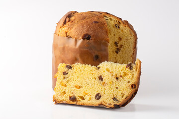 Panettone, an Italian type of sweet bread loaf, with chocolate chips, usually prepared and enjoyed for Christmas and New Year.