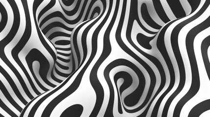 Fototapeta premium Abstract 3D tunnel rendering with swirling illusion in black and white stripes, creating depth and movement. Evokes varied emotions and ideas, inspiring viewers.
