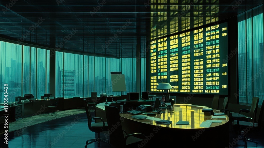 Poster an illuminated stock ticker board displaying dynamic price changes in a modern office.