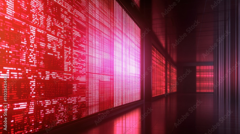 Poster an illuminated stock ticker board displaying dynamic price changes in a modern office.
