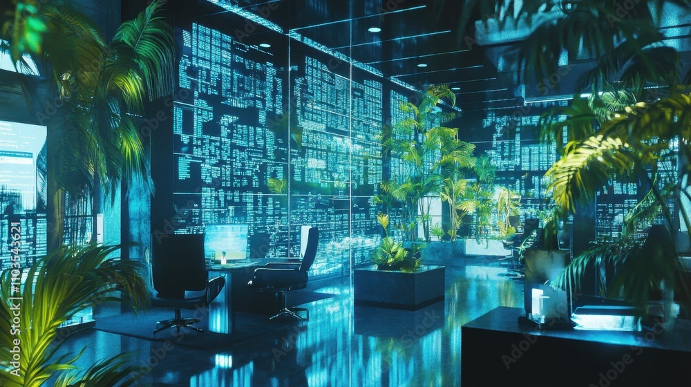 Poster an illuminated stock ticker board displaying dynamic price changes in a modern office.