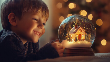 Naklejka premium little boy looking at snow globe with snowy house inside, atmosphere of magic and dream, christmas, new year, holiday background, winter, child, kid