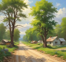 Obraz premium Illustration of gravel road in spring season.
