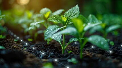 Close-up of young pepper plants in moist soil: bright green leaves, yellow flowers, water droplets. Front row detailed, background blurred. Garden setting with sunlight and blue sky.