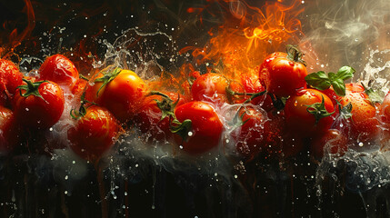 Capsicum, glides, potato, tomato on fire background
