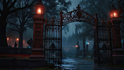 Spooky cemetery is pictured here at night with its wrought iron gates standing open, illuminated by red lights, on a dark and foggy halloween night and game design
