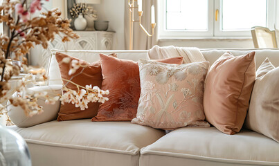 Soft pastel-colored pillows with delicate embroidery, arranged on an elegant beige sofa, creating a cozy and stylish living room atmosphere