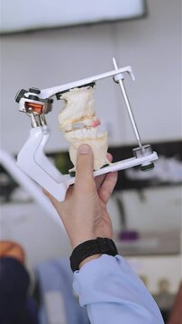 Dental prosthesis in the hands of the doctor close-up. Dentist holding ceramic dental bridge. Front view of complete denture. Dentistry conceptual photo. Prosthetic dentistry. False teeth