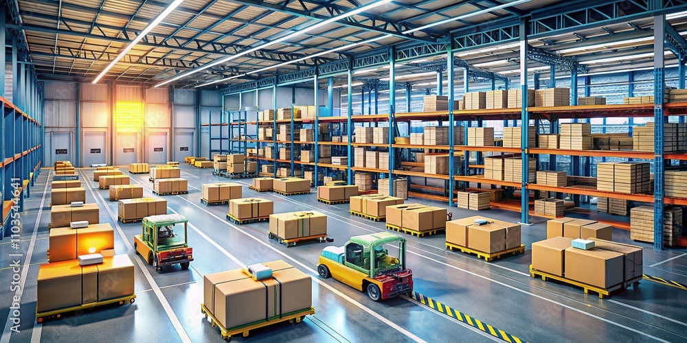 Aufkleber efficient automation: an army of robots sorting parcels with precision in a high-tech warehouse usin