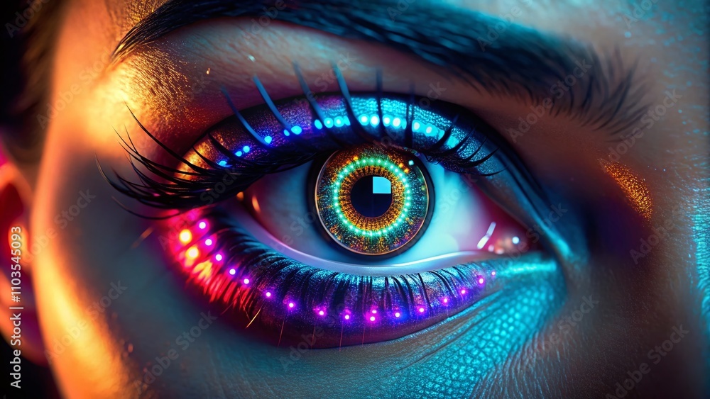 Poster electronic glowing contacts on dark background with neon effects and futuristic aesthetic, emphasizi