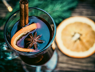 mulled wine Christmas drink  on wooden table