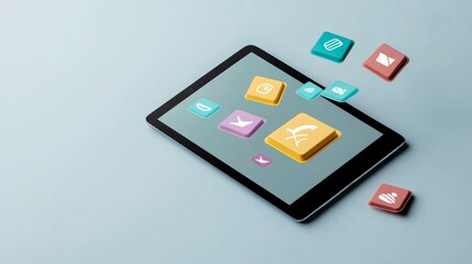 Colorful application icons appearing to float from a digital tablet, representing social media marketing and mobile app usage on a clean, pastel blue background