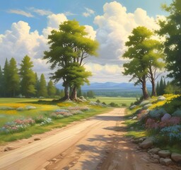 Obraz premium Illustration of gravel road in spring season.